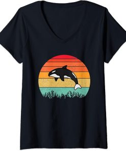 Womens Retro Sunset Vintage Cute Orca Whale Lover Gift for Adults V-Neck T-Shirt