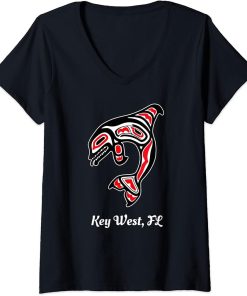 Womens Native American Key-West Florida Red Orca Killer Whale V-Neck T-Shirt