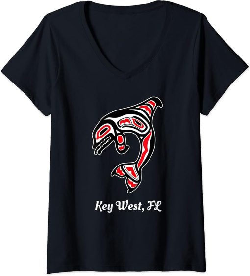 Womens Native American Key-West Florida Red Orca Killer Whale V-Neck T-Shirt