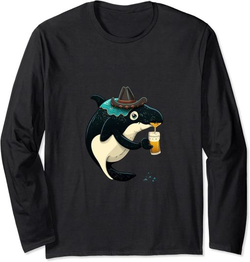 Cute Orca Animal Lovers Orca Drinking Beer Long Sleeve T-Shirt