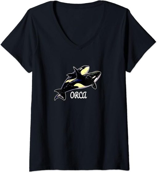 Womens Stylized Orca Whale V-Neck T-Shirt